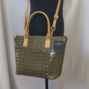 New Arcadia Taupe Green Patent Leather Tote Bag - Removable Crossbody Strap